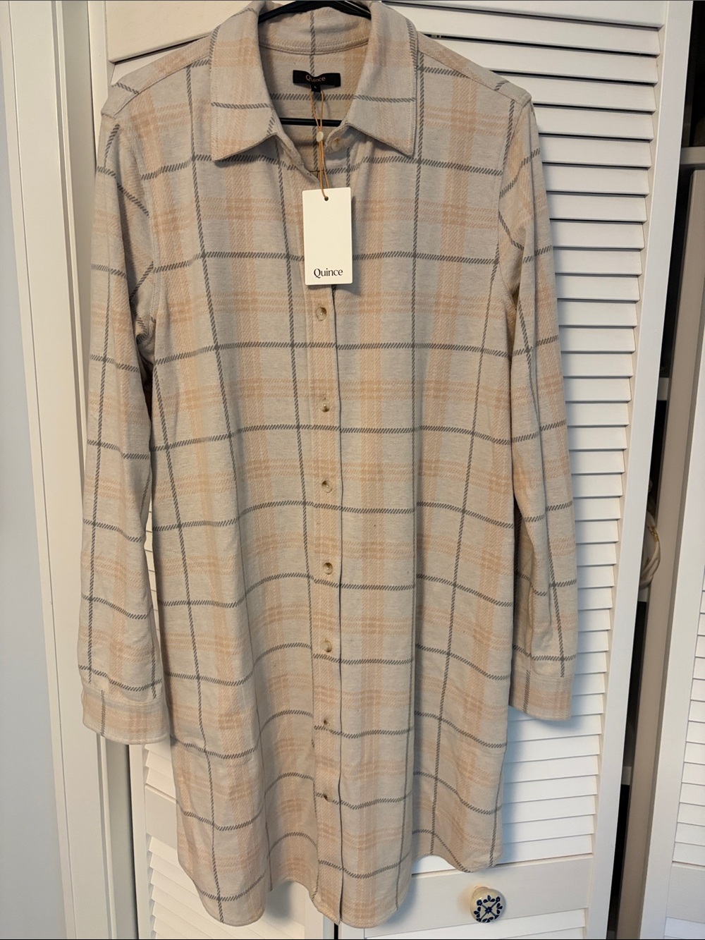 Quince Flannel Beige and Gray Plaid Long Sleeve Shirt Dress